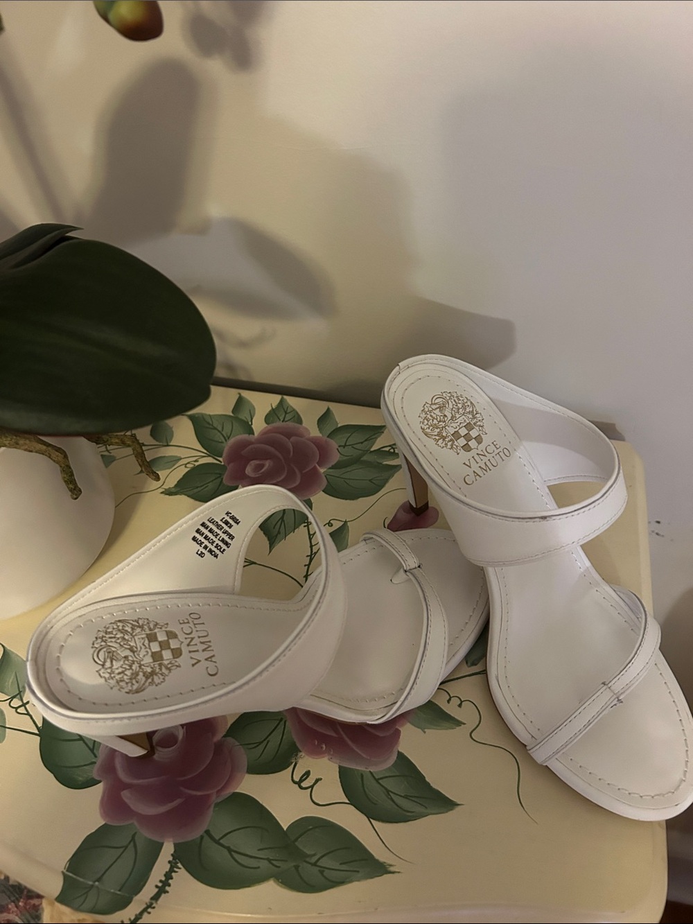 Vince Camuto White Leather Double-Strap Mid-Heel Sandals